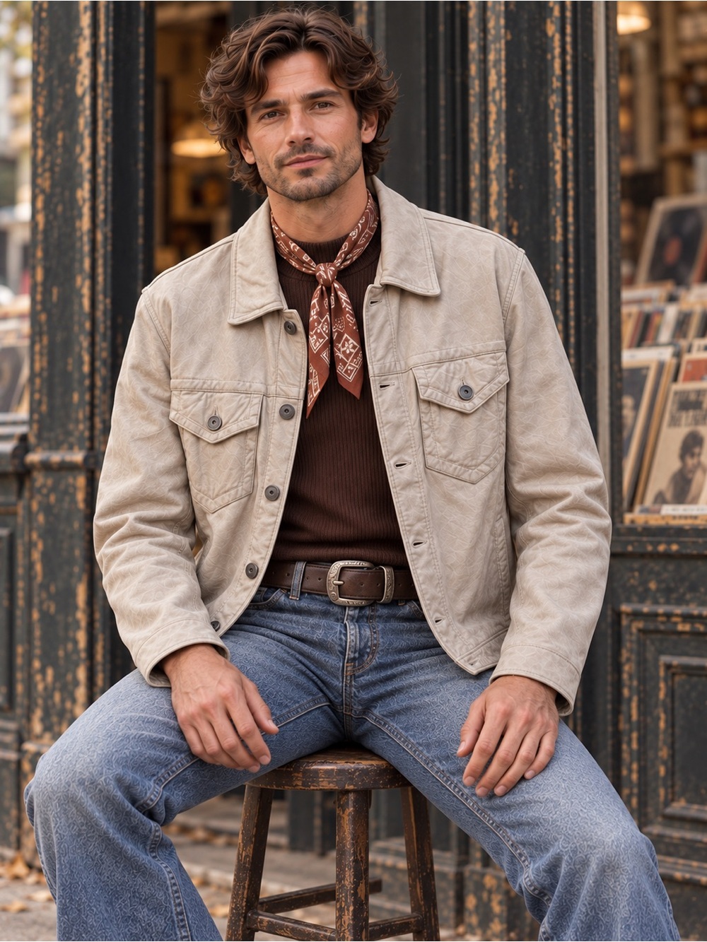 INC Men’s Stone Gray Leather Trucker Jacket | Mottled Finish | Retro Rocker